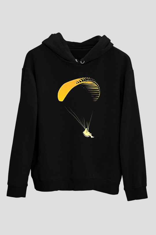 Yamaç Paraşütü - Paragliding Baskılı Unisex Siyah Kapüşonlu Sweatshirt