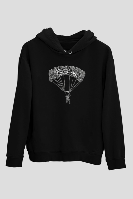 Yamaç Paraşütü - Paragliding Baskılı Unisex Siyah Kapüşonlu Sweatshirt