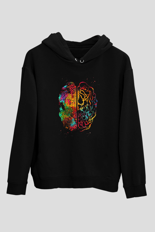 Yapay Zeka Beyin Baskılı Unisex Siyah Kapüşonlu Sweatshirt