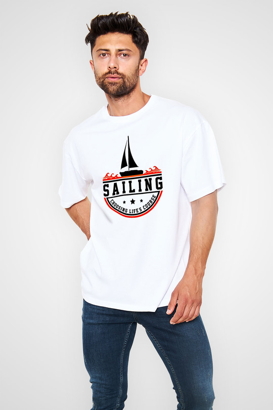 Yelken Baskılı Unisex Beyaz Oversize Tişört - Tshirt