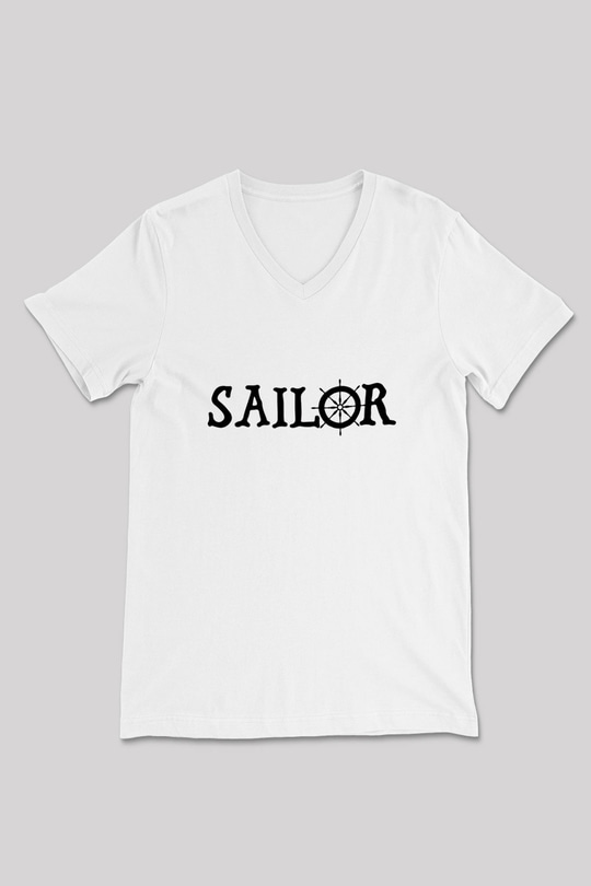 Yelken Baskılı Unisex V Yaka Tişört - Tshirt