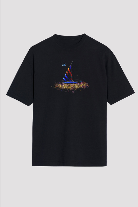 Yelken - Sail Baskılı Unisex Siyah Oversize Tişört