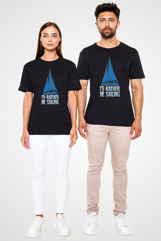 Yelken - Sail Baskılı Unisex Siyah Tişört - Tshirt