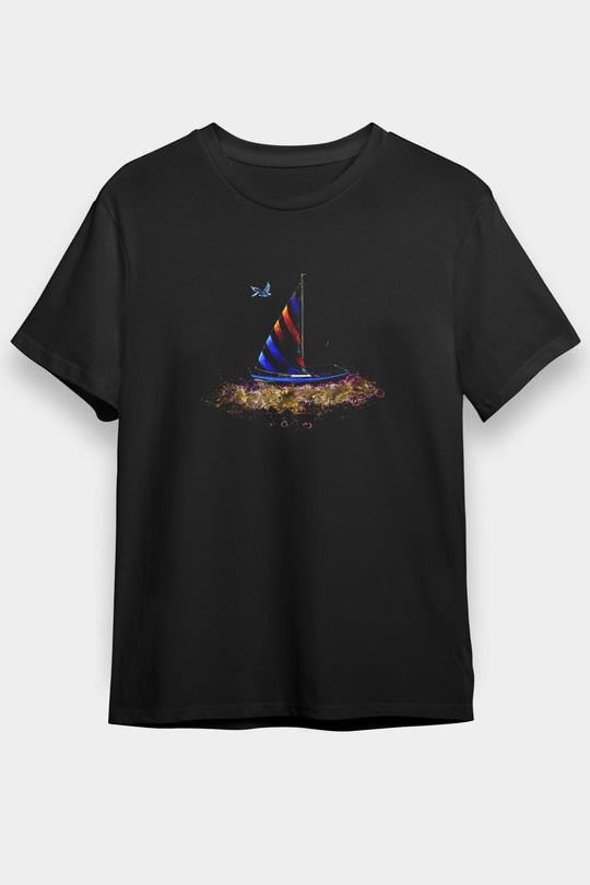 Yelken - Sail Baskılı Unisex Siyah Tişört - Tshirt