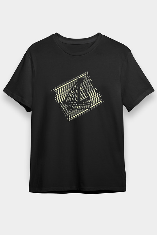 Yelken - Sail Baskılı Unisex Siyah Tişört - Tshirt