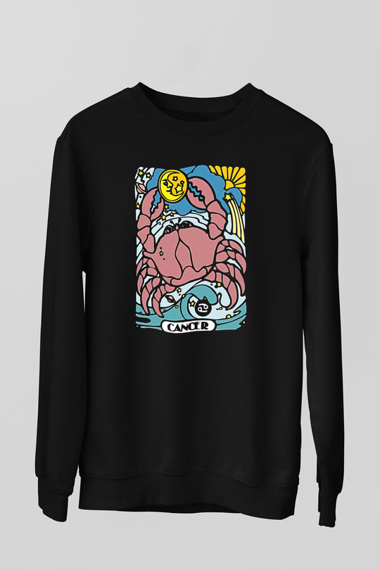 Yengeç Burcu Baskılı Unisex Siyah Sweatshirt