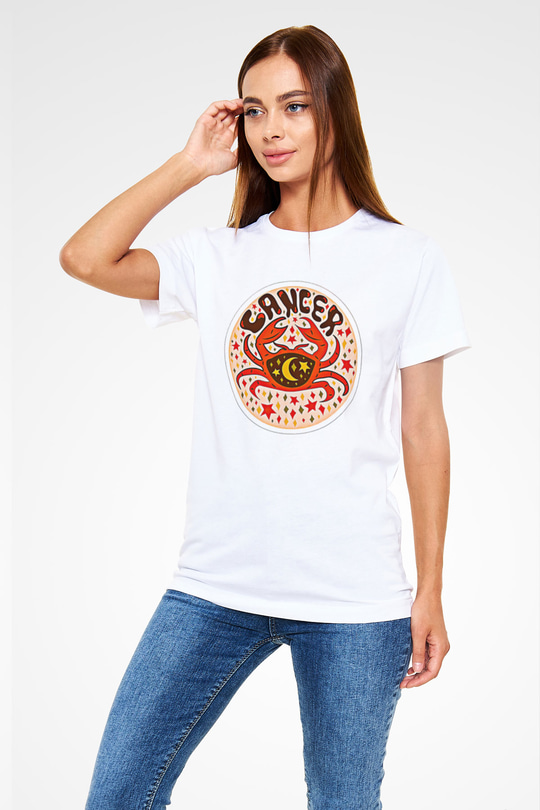Yengeç Burcu Unisex Baskılı Beyaz Tişört - Tshirt