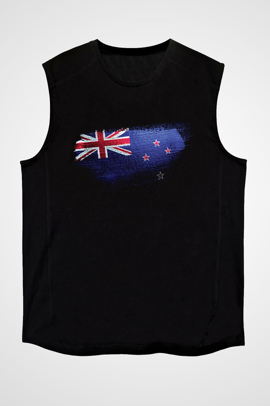 Yeni Zelanda - New Zealand Bayrağı Baskılı Unisex Siyah Kolsuz Tişört