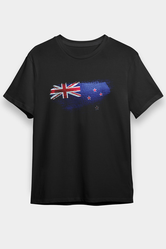 Yeni Zelanda - New Zealand Bayrağı Baskılı Unisex Siyah Tişört