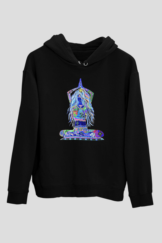 Yoga Baskılı Unisex Siyah Kapüşonlu Sweatshirt