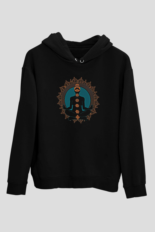 Yoga Baskılı Unisex Siyah Kapüşonlu Sweatshirt