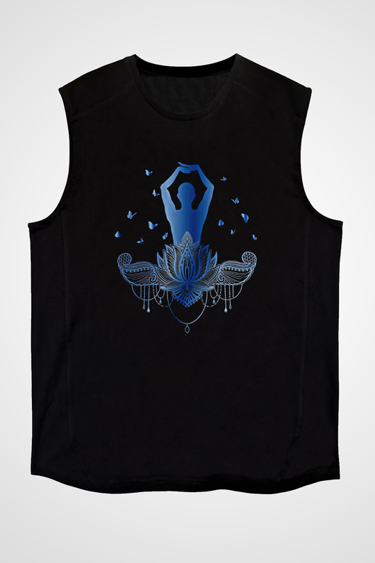 Yoga Baskılı Unisex Siyah Kolsuz Tişört