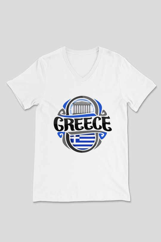 Yunanistan Beyaz Unisex V Yaka Tişört T-Shirt