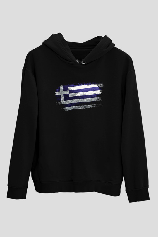 Yunanistan - Greece Bayrağı Baskılı Unisex Siyah Kapüşonlu Sweatshirt