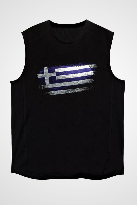 Yunanistan - Greece Bayrağı Baskılı Unisex Siyah Kolsuz Tişört