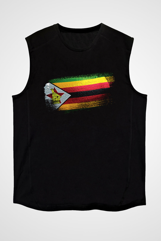 Zimbabve - Zimbabwe Bayrağı Baskılı Unisex Siyah Kolsuz Tişört