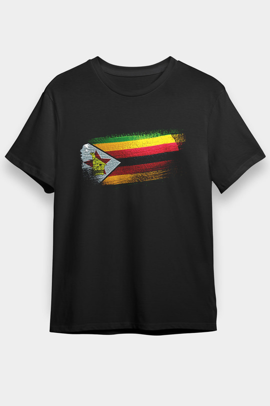 Zimbabve - Zimbabwe Bayrağı Baskılı Unisex Siyah Tişört