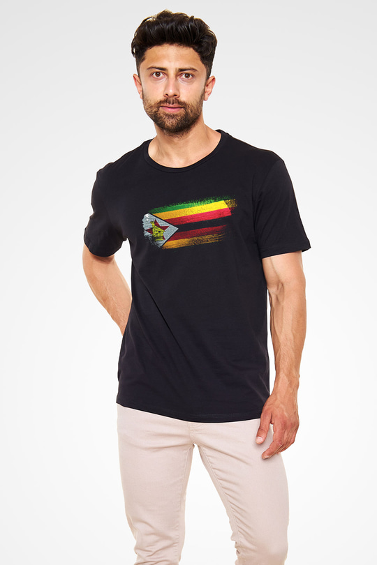 Zimbabve - Zimbabwe Bayrağı Baskılı Unisex Siyah Tişört