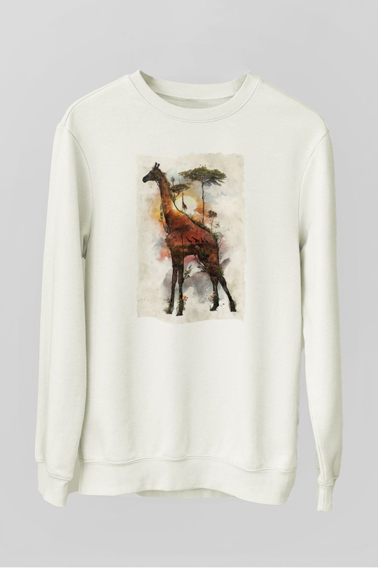 Zürafa Baskılı Unisex Beyaz  Sweatshirt