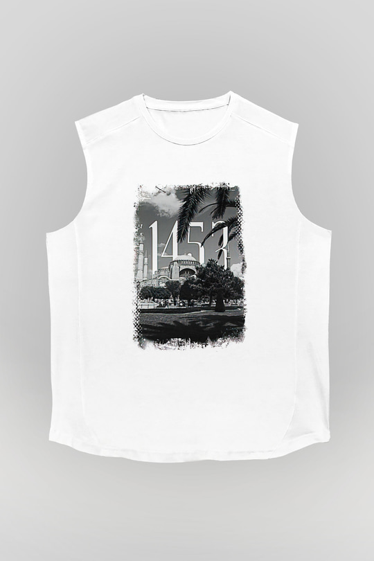 1453 Baskılı Beyaz Unisex Kolsuz Tişört - Tshirt