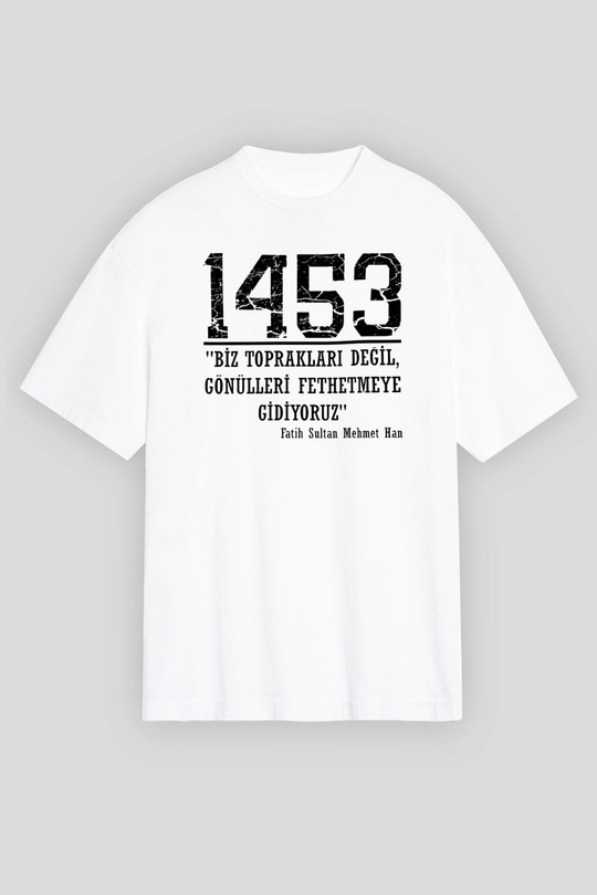 1453 Baskılı Beyaz Unisex Oversize Tişört - Tshirt