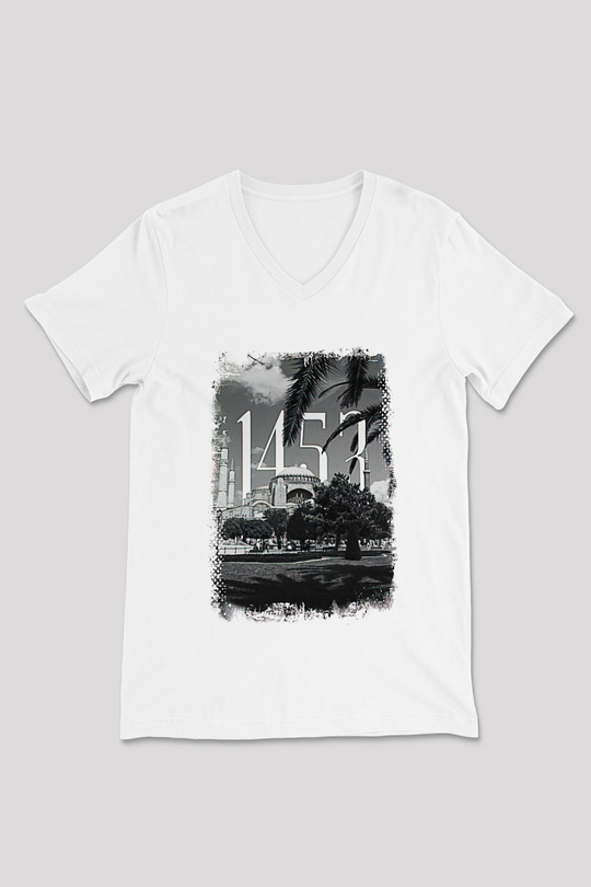 1453 Baskılı Beyaz Unisex V Yaka Tişört - Tshirt