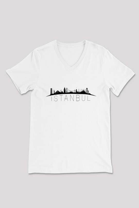 1453 Baskılı Beyaz Unisex V Yaka Tişört - Tshirt