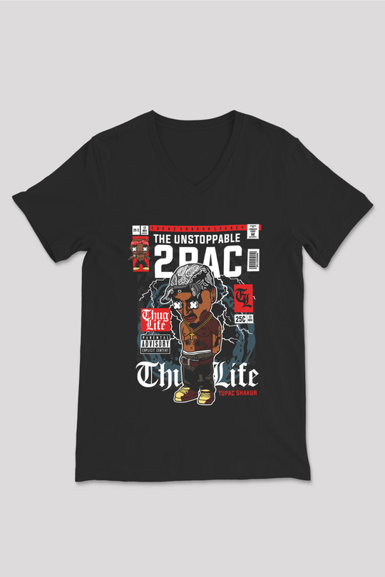2 Pac Baskılı Unisex Siyah V Yaka Tişört