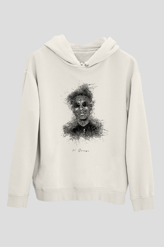 21 Savage Baskılı Beyaz Unisex Kapüşonlu Sweatshirt