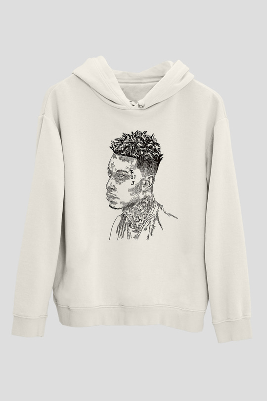 21 Savage Baskılı Beyaz Unisex Kapüşonlu Sweatshirt