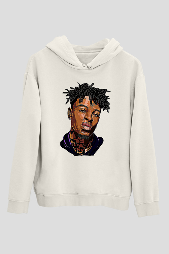 21 Savage Baskılı Beyaz Unisex Kapüşonlu Sweatshirt