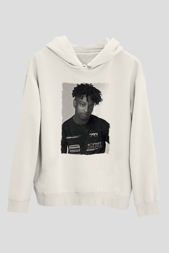 21 Savage Baskılı Beyaz Unisex Kapüşonlu Sweatshirt