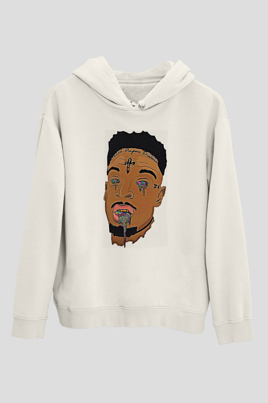 21 Savage Baskılı Beyaz Unisex Kapüşonlu Sweatshirt