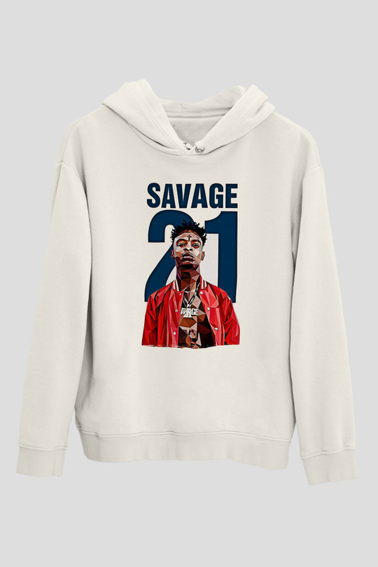 21 Savage Baskılı Beyaz Unisex Kapüşonlu Sweatshirt