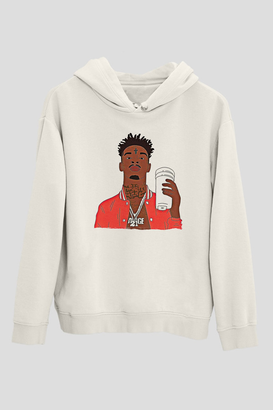 21 Savage Baskılı Beyaz Unisex Kapüşonlu Sweatshirt