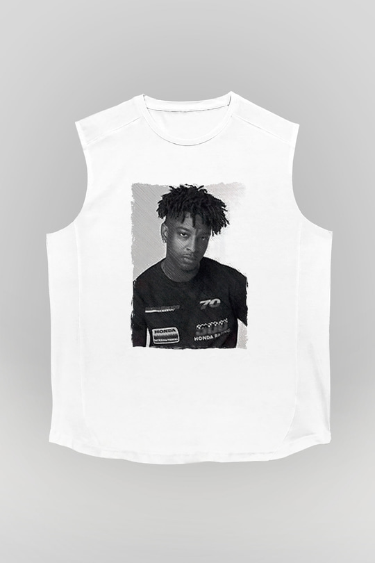 21 Savage Baskılı Beyaz Unisex Kolsuz Tişört - Tshirt
