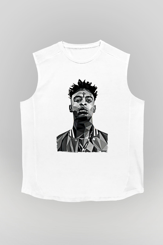 21 Savage Baskılı Beyaz Unisex Kolsuz Tişört - Tshirt