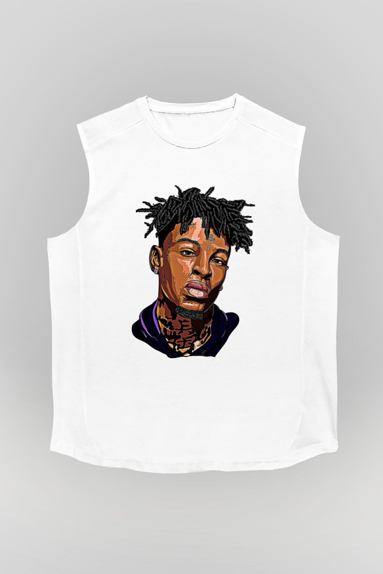 21 Savage Baskılı Beyaz Unisex Kolsuz Tişört - Tshirt
