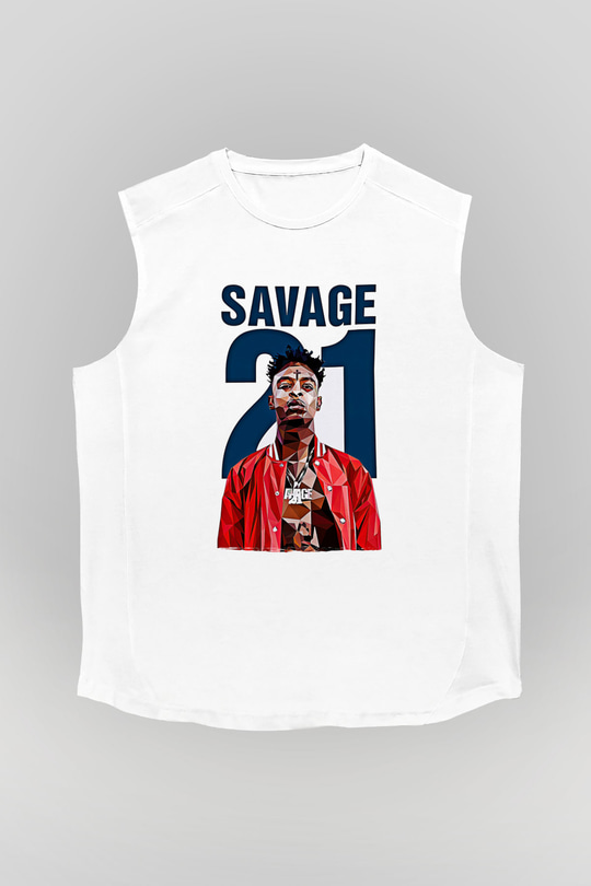 21 Savage Baskılı Beyaz Unisex Kolsuz Tişört - Tshirt