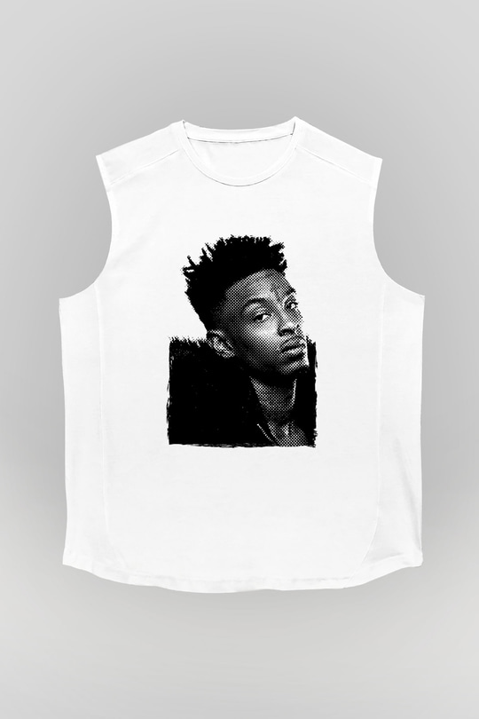 21 Savage Baskılı Beyaz Unisex Kolsuz Tişört - Tshirt