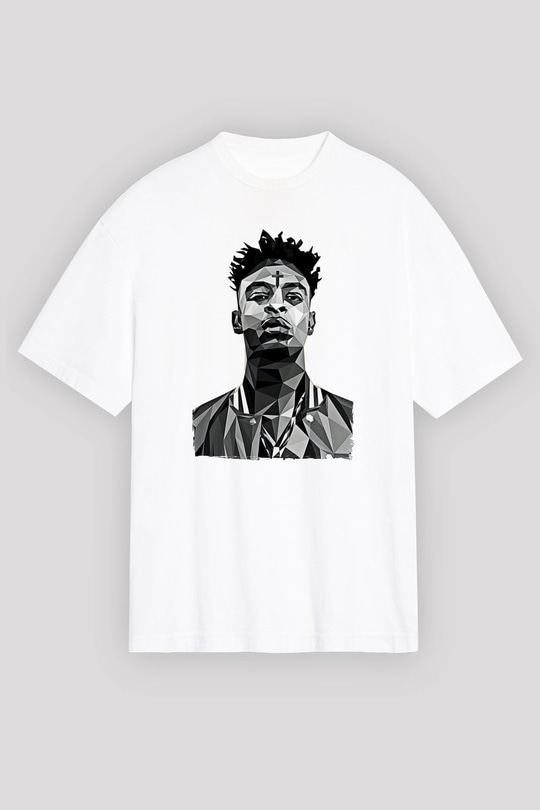 21 Savage Baskılı Beyaz Unisex Oversize Tişört - Tshirt