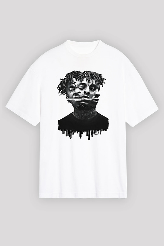 21 Savage Baskılı Beyaz Unisex Oversize Tişört - Tshirt