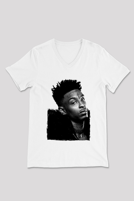 21 Savage Baskılı Beyaz Unisex V Yaka Tişört - Tshirt