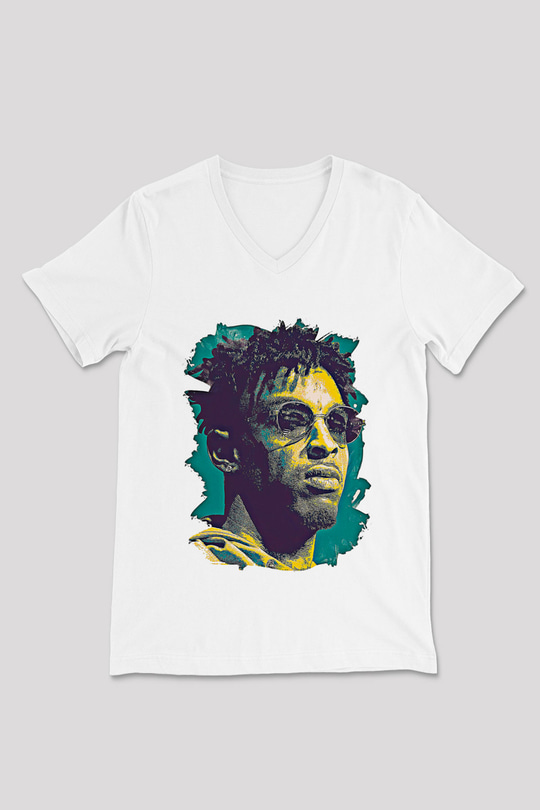 21 Savage Baskılı Beyaz Unisex V Yaka Tişört - Tshirt