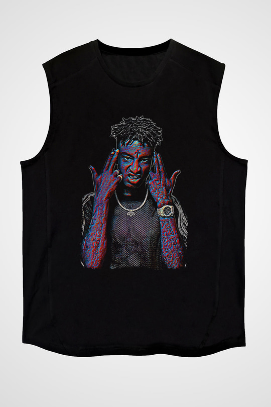 21 Savage Baskılı Unisex Siyah Kolsuz Tişört - Tshirt