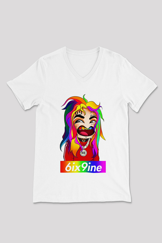 6ix9ine Baskılı Beyaz Unisex V Yaka Tişört - Tshirt