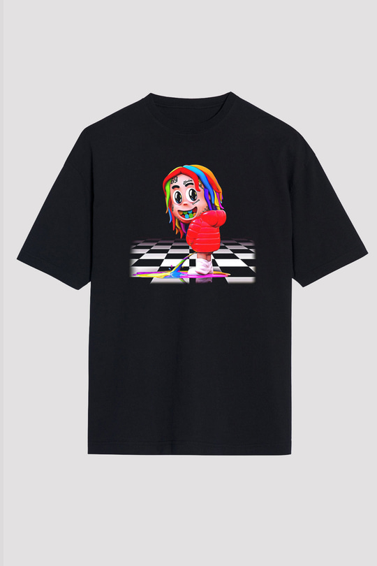 6ix9ine Baskılı Unisex Siyah Oversize Tişört - Tshirt