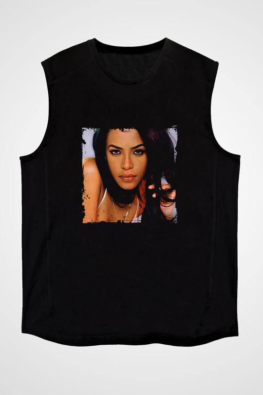 Aaliyah Baskılı Unisex Siyah Kolsuz Tişört