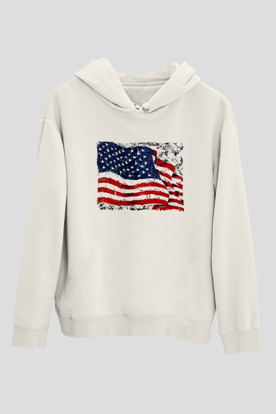ABD Beyaz Unisex Kapşonlu Sweatshirt