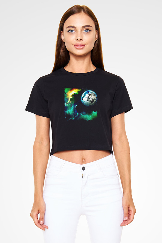 Above and Beyond Baskılı Crop Top Siyah Kadın Tişört